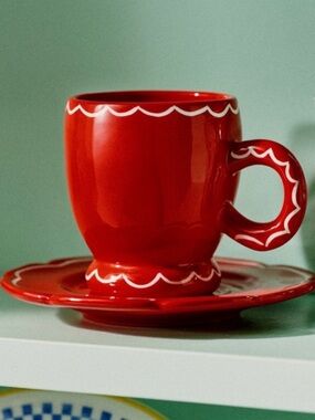 DAMSON MADDER NWT glazed stoneware espresso cup & saucer -red